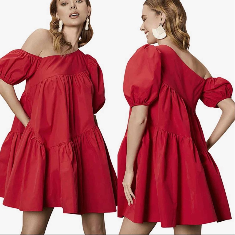 ONE SHOULDER PUFFY SLEEVES FLARE MINI DRESS - RED - Picture 3 of 3